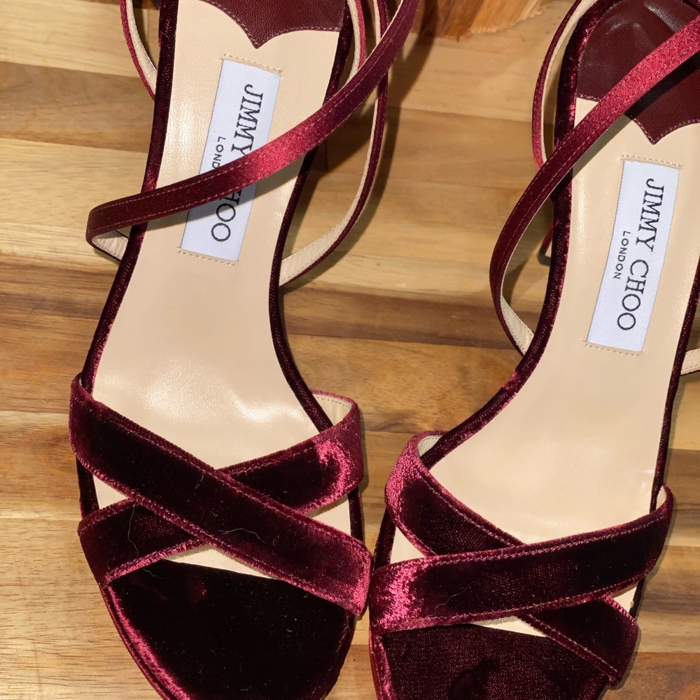 Jimmy Choo Burgundy Velvet And Satin Lola Cross Strap Sandals Size 39 - Picture 13 of 16